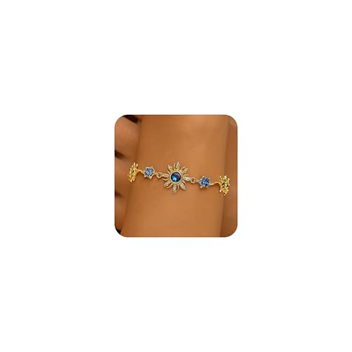 Image of Frigotine Gold Silver Sunflower Link Bracelet for Women Dainty Sparkly Colorful Crystal Rhinestone Floral Star Adjustable Box Chain Bracelet Prom Wedding Accessories Fashion Jewelry Gift, Adjustable