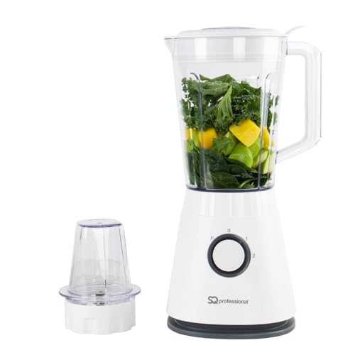 SQ Professional Blitz 600W Blender with 1.5L Plastic Measuring Jug & Grinder Blender for Milkshakes Smoothie Blender Juice Mixer, Ice Crush Function Jug 1.5L Capacity (White)