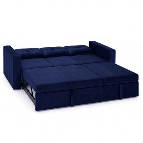 Image of FURNY Tira 4 Seater RHS Lounger Sofa Cum Bed (Dark Blue) with Pull-Out Function | Luxury Velvet Suede Finish | Durable Comfort | Ideal for Living Room