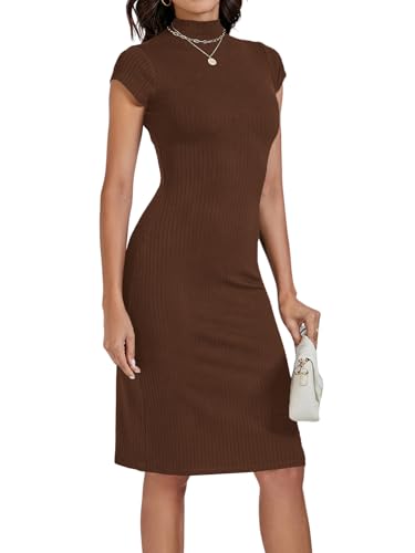 Image of Umenlele Women's Elegant Mock Neck Short Sleeve Ribbed Bodycon Sheath Pencil Midi Dress