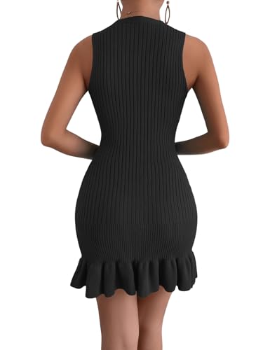 Image of MakeMeChic Women's 2025 Summer Dress Casual Crochet Ribbed Knit Ruffle Hem Sleeveless Bodycon Tank Mini Dresses