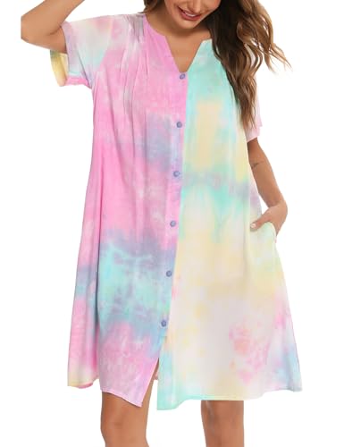 YOZLY House Dress Women Cotton Duster Robe Short Sleeve Housecoat Button Down Nightgown