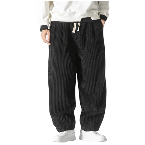 Finelylove Mens Corduroy Pants Relaxed Fit Straight Wide Leg Baggy Pants Elastic Waist Heavyweight Warm Fall Sweatpants