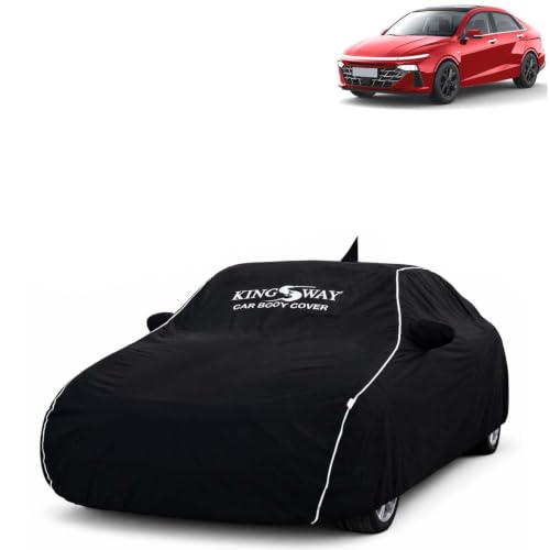 Image of KINGSWAY Super Waterproof Car Cover Only with Hyundai Verna (Year 2023 Onwards - All Model) | Mirror and Antenna Pockets | All Weather Car Body Cover with Silver Piping | Black