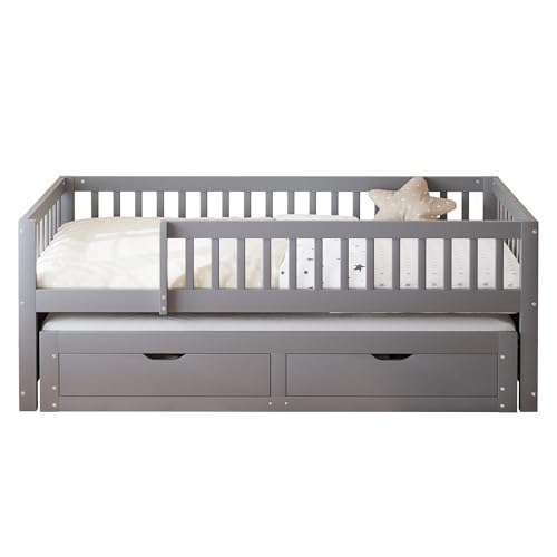 Miniatura 6 de Rexo Sofá Cama De Madera Maciza De 90 X 200 Cm Con Rejilla De Seguridad Y Somier, Cama Extensible Con 2 Cajones, Cama Infantil Para Adultos, Color Gris