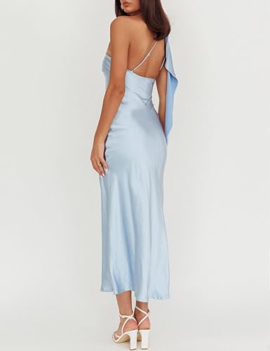 Image of 2026 Satin One Shoulder Maxi Dress for Women Summer Silk Formal Elegant Backless Ruffle Sleeveless Wedding Guest Dresses