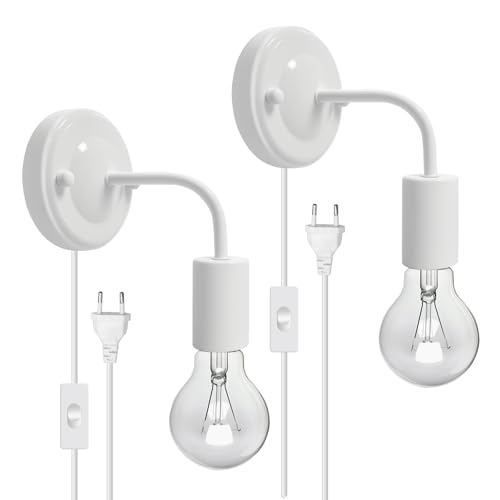 2 Piezas Lámpara de Pared con Interruptor y Enchufe, Moderno E27/E26 Iluminación con Base Engrosada, Blanco Metal Aplique de Pared Interior para Salón Pasillo Dormitorio Café Decoración(Sin Bombillas)