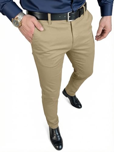 JMIERR Men's Skinny Stretch Khaki Pants with Elastic Waist Fashion Casual Slim Fit Golf Slacks Tapered Leg, 32W*28L, Khaki