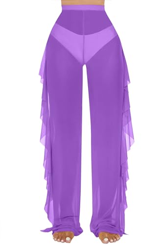 Image of Jumppmile Women's Ruffle Sheer Mesh Swimwear Bikini Cover Up Pants See Through