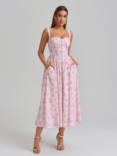 Image of KUTUMAI Floral Corset Midi Dress Flowy Slit Summer Spring Wedding Guest Dresses for Women Sundress with Pockets
