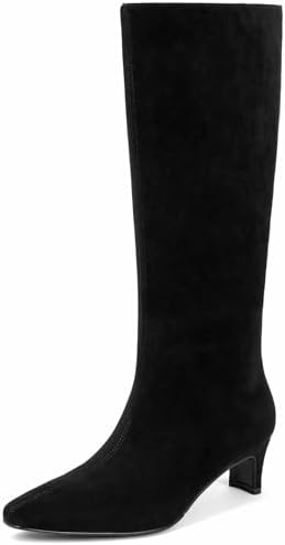Tscoyuki Knee High Boots for Women Kitten Low Heel Square Toe Tall Boots Side Zipper Vegan Leather Heeled Long Fall Boots for Office Dating Party Work Trendy