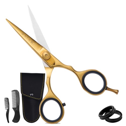 Ontaki Tijeras de peluquería forjadas a mano profesionales de acero japonés para bigote, flequillo, hombres (oro/latón) de 5,5 pulgadas
