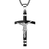 JewelryWe Collar de cruz con crucifijo de Jesús: unisex de acero inoxidable plateado para hombres y mujeres, colgante religioso INRI de 22 + 2 pulgadas, cadena de trigo ajustable, Adult, Acero