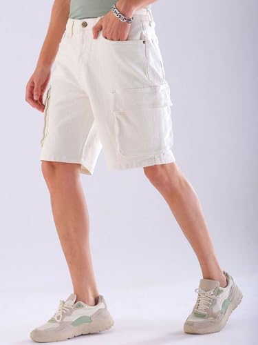 Image of The Indian Garage Co Men Relaxed Fit Solid Mid-Rise Denim Cargo Shorts