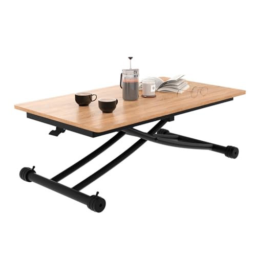 IDMarket - Table Basse Fixe relevable en Table à Manger rectangulaire Urbana Plateau façon hêtre Pied Noir Design Industriel