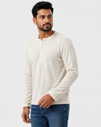 Image of Men's Cotton Blend Waffle Knit Henley T-Shirt | Full Sleeve Casual Shirt | Regular Fit Comfortable Top for Men | Stylish Everyday Wear