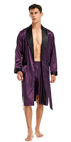 Image of TONY AND CANDICE Men's Satin Robe Lightweight Long Sleeve Silk Kimono Bathrobe with Shorts Set Sleepwear