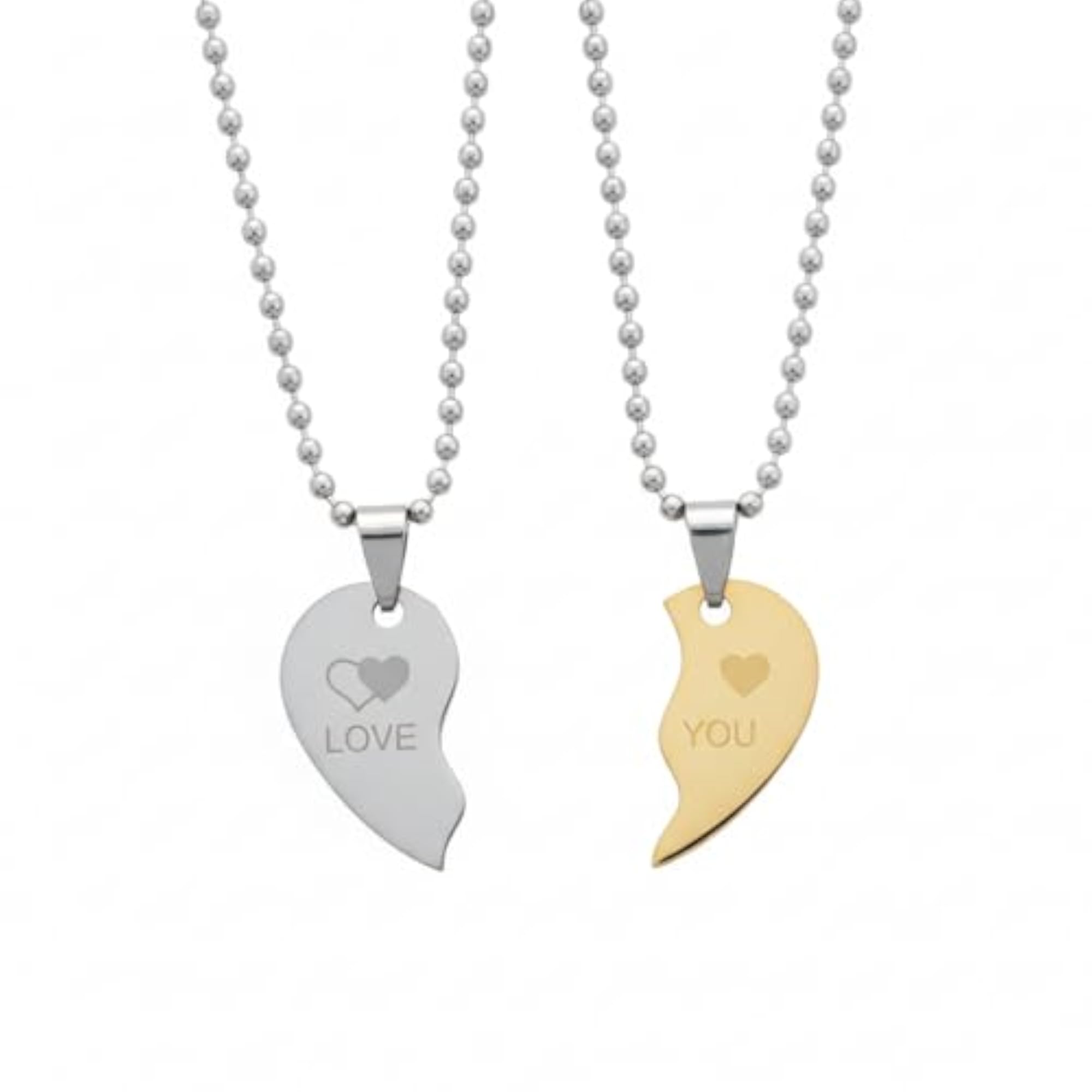 Couple Heart Pendant Necklace Set, Split Heart Engraved
