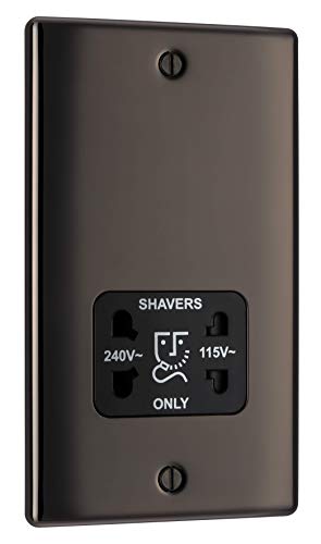BG Electrical Dual Voltage Shaver Plug Socket Electric Toothbrush Charger Socket for Bathrooms Raised and Slim Profile Round Edges Nexus Metal 2-Pin Black Nickel 115V / 240V NBN20B