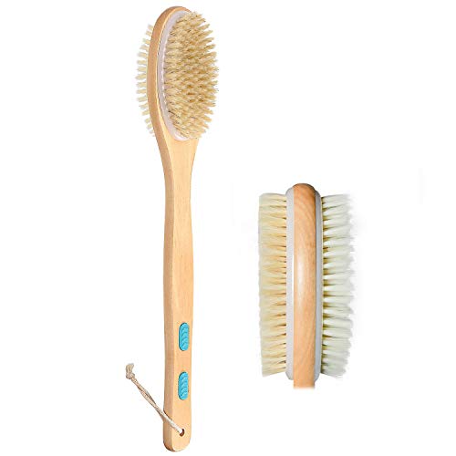 Shower Brush for Wet or Dry Brushing - Wooden Long Handle Double Sided Bath Brush Back Scrubber Skin Exfoliating Kit, Cellulite, Foot Scrub - Natural Bristles and Gentle Massage Nodes