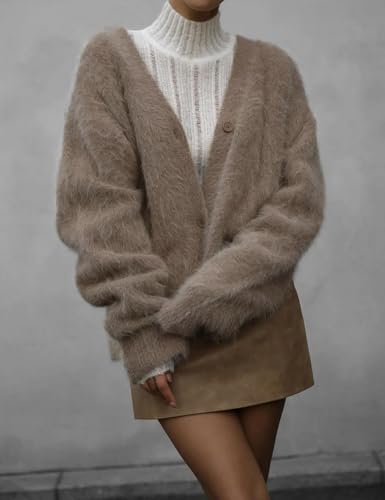 Image of COZYPOIN Womens Fuzzy Cardigan Sweater V Neck Button Down Soft Knit Coat | Loose, Comfy, Slouchy Drop Shoulder, Long Sleeve Fluffy Mohair, Warm, For Daily Work Holiday, Spring Fall Winter Fashion