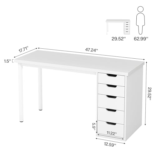 Image of Tribesigns Computer Desk with 5 Drawers, 47 inches Rustic Brown Home Office Desk with Storage, Modern Simple Laptop Desk Study Writing Table for Small Spaces (1, White)