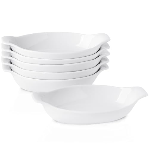 Juego de 6 Bandejas Horno de Cerámica Ovaladas, Platos de Cerámica para Hornear con Asas, Fuente para Horno Pequeña, para Lasañas, Pasteles, Tapas y Más, Apto para Lavavajillas y Horno - Blanco