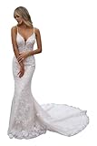 Lace Mermaid Wedding Dresses for Women 2026 with Train V Neck Spaghetti Straps Mermaid Garden Bride Dress for Bride Ivory 14