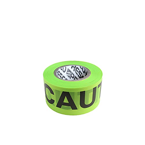NO Adhesive, Presco HI-VIZ Printed Barricade Tape 3 mil Thick PVC, 3 in. x 500 ft. (Neon Lime Green with Black "Caution" Printing)