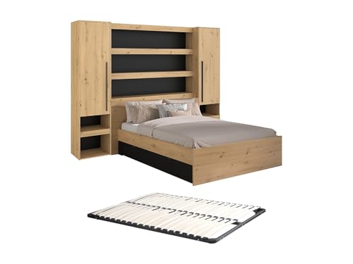 Vente-unique - Lit Pont 160 x 200 cm avec rangements - avec LEDs - Coloris : Naturel et Noir + Sommier - VARLY