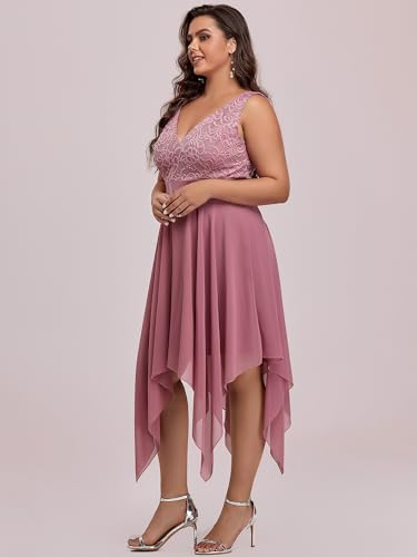Image of Ever-Pretty Plus Women's V Neck Sleeveless Asymmetric Hem Lace Chiffon Short Summer Plus Size Wedding Guest Dresses Orchid US22