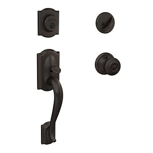 Image of Schlage F60 V CAM 716 GEO Camelot Front Entry Handleset with Georgian Knob, Deadbolt Keyed 1 Side, Aged Bronze
