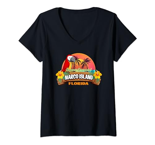 Womens Marco Island Florida Summer Vacation Retro Sunset Souvenirs V-Neck T-Shirt