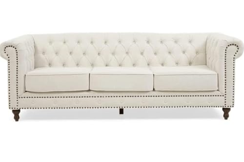 Image of Modern and Stylish 3 Seater Chesterfield Luxury Sofa with Valvet and Fabric Comfortable Sofa for Living Room, Dining Room, Hallway, and Office-(White).