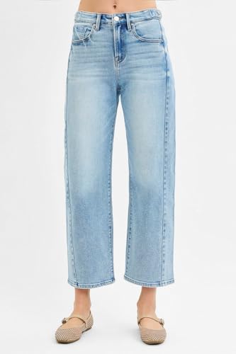 SALT TREE Risen Jeans - High Rise Crop Length Barrel Jeans Adjustable Waist Band - PGC211743