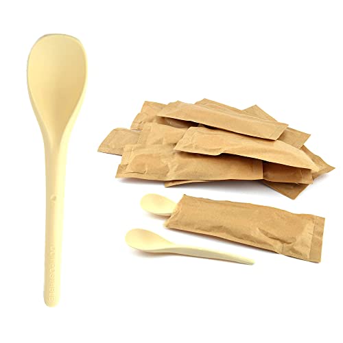 PZ 200 CUCCHIAINI CM 12 COLOR AVANA BIODEGRADABILI COMPOSTABILI INCARTATI SINGOLARMENTE PER APERITIVO APERICENA E HAPPY HOUR, PER GELATO E YOGURT CUCCHIAIO BIO