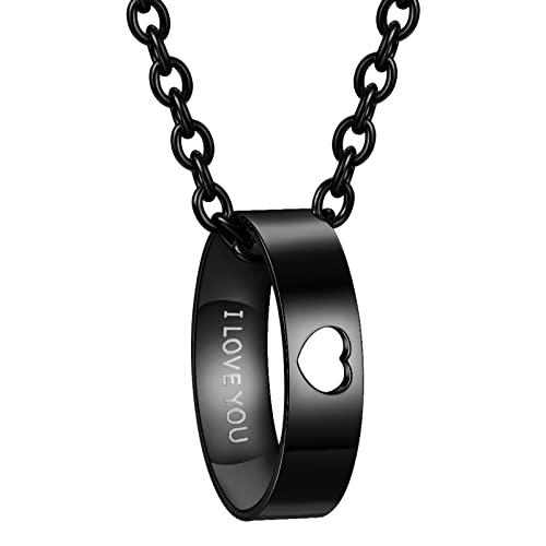 Misumor 1Pcs Couples Rings Matching Heart Promise Rings For Her Or Him Silver/Gold/Rose Gold/Black I Love You Engagement Wedding Bands With Necklace Chain Stainless Steel Couples Gifts #TOP2