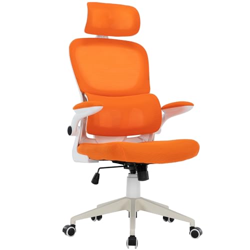 TRISENS Flexibler Bürostuhl in moderner Mesh-Optik ergonomischer Schreibtischstuhl mit Nacken- und Lordosenstütze Gamingstuhl mit atmungsaktiver Netzrückenlehne und Wippfunktion, Farbe:Weiß/Orange TRISENS Flexibler Bürostuhl in moderner Mesh-Optik ergonomischer Schreibtischstuhl mit Nacken- und Lordosenstütze Gamingstuhl mit atmungsaktiver Netzrückenlehne und Wippfunktion, Farbe:Weiß/Orange