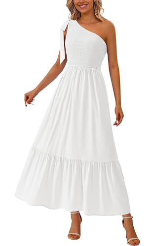 PRETTYGARDEN Womens One Shoulder Summer Maxi Dress Smocked Flowy Boho Beach Long Sundress Sleeveless Wedding Guest Dresses(White,Small)