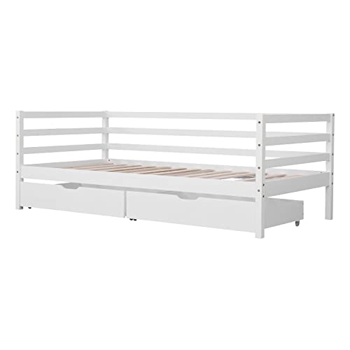 Happy Garden Lit Banquette Enfant 190 x 90 cm en Bois Blanc, avec Anti-Chute, sommier et Deux Grands tiroirs gigognes, Jules