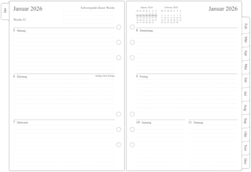newestor 2026 Wochenplaner Einlage A5, 1 Woche auf 2 Seiten mit Tabs, Jan 2026 o Dez 2026