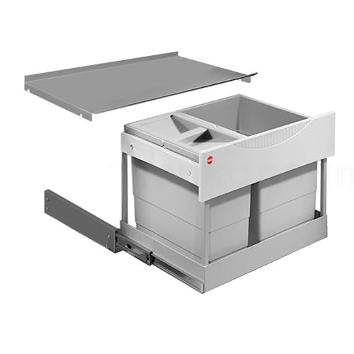 Hailo Abfallsammler 3644802 | TR Swing Raumspar-Tandem | Einbaumülleimer für 60 cm Schrank | 18 + 12 Liter Inneneimer mit 12 L Biodeckel | Mülltrennung und Abfalltrennsystem für die Küche | Hellgrau