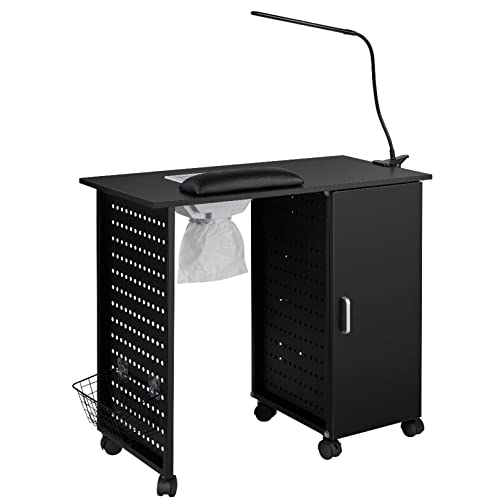 Équipement de salon de beauté pour station de travail de table de spa de salon de manucure roulante, avec évent électrique, armoire, repose-poignet, panier suspendu latéral, roulettes et lampe à LED Cover