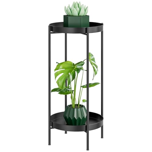 Supporto per Piante Interno Esterno - 2 Livelli Portavaso in Metallo Tavolino per Piante Alto Organizzatore Piedistallo per Vasi Scaffale Espositivo Antiruggine per Casa Giardino Patio Balcone, Nero