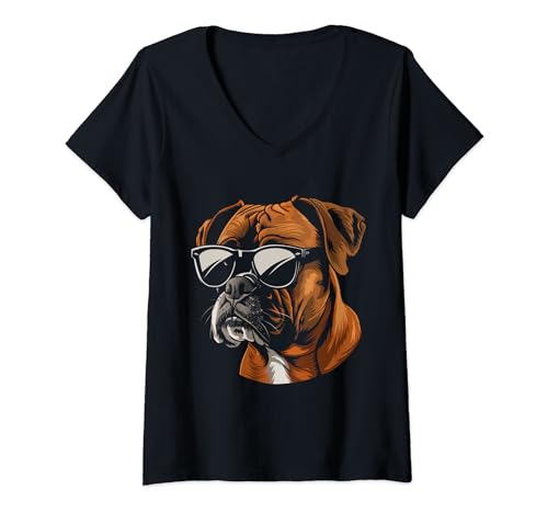 Mujer Boxer Dog Gafas de sol Funny Dog Mom Dad Camiseta Cuello V