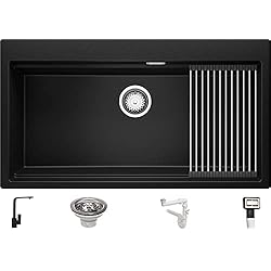 Fregadero Cocina 90 x 50 cm, Fregadero Granito Un Seno + Mezclador de Fregadero + Sifón Clásico, Fregadero Empotrado Oslo 90 Level de Primagran, Negro