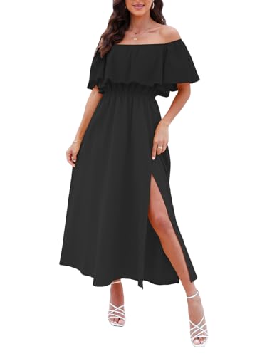 Image of CUPSHE Women Ruffle Floral Maxi Summer Dress Off Shoulder Short Sleeve Backless Flounce Bodice Slit Hem Beach Dresses