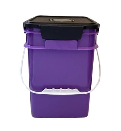 Image of House Naturals 4 Gallon Square Food Grade Bucket Pail with Plastic Handles and Lid (Pack of 3) Made in USA containers (Purple - Black lids)