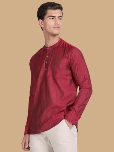 Image of KRYPTIC Men's Full Sleeve Regular Fit Short Kurta in Premium Pure Cotton with Patch Pocket and Mandarin Collar - Perfect Blend of Style and Comfort