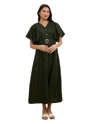 Image of MomToBe Women's Cotton Maternity Dress | Nursing Feeding Dress with Concealed 14-Inch Side Zippers | Office Wear for Pregnancy & Postpartum